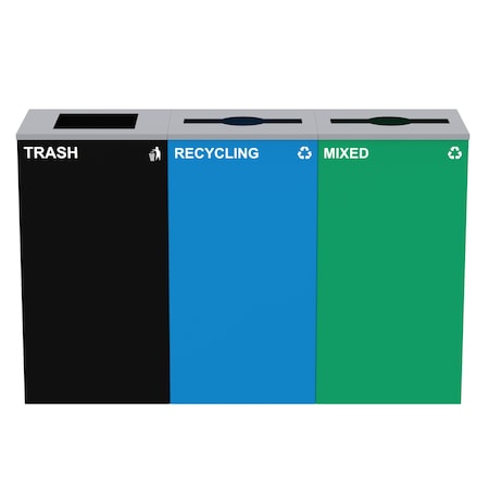 Alpine Industries 87 Gal. 3-Stream Steel Blue Recycling, Green Mixed, and Black Commercial Trash Can Station ALP4450-BLK-KIT31